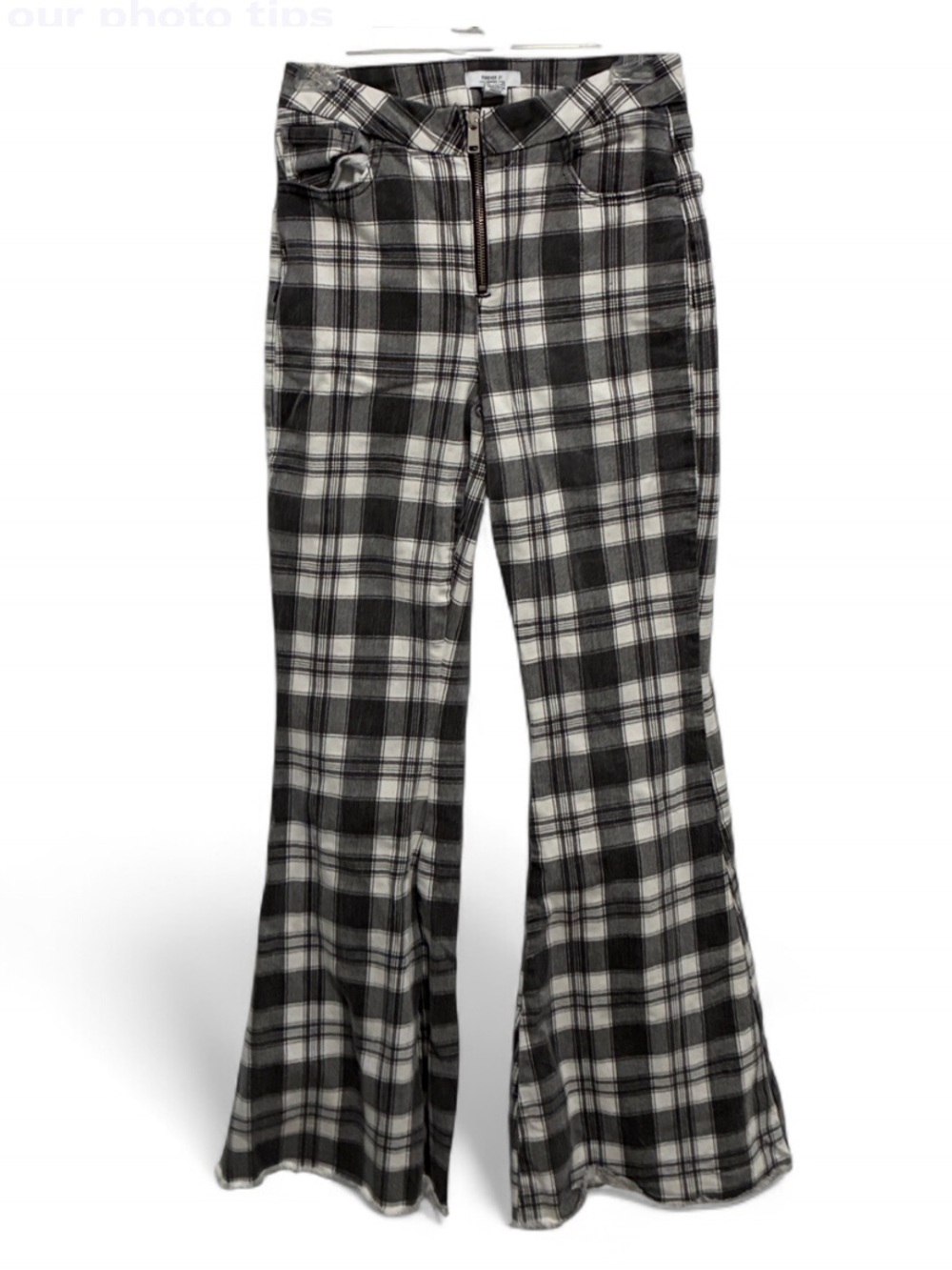 Forever 21 Black & White Plaid Zip Up Flare Jeans